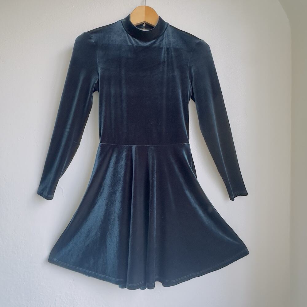 American Apparel Velvet Skater Dress Emerald Green Backless Long Sleeve Y2K Sz M